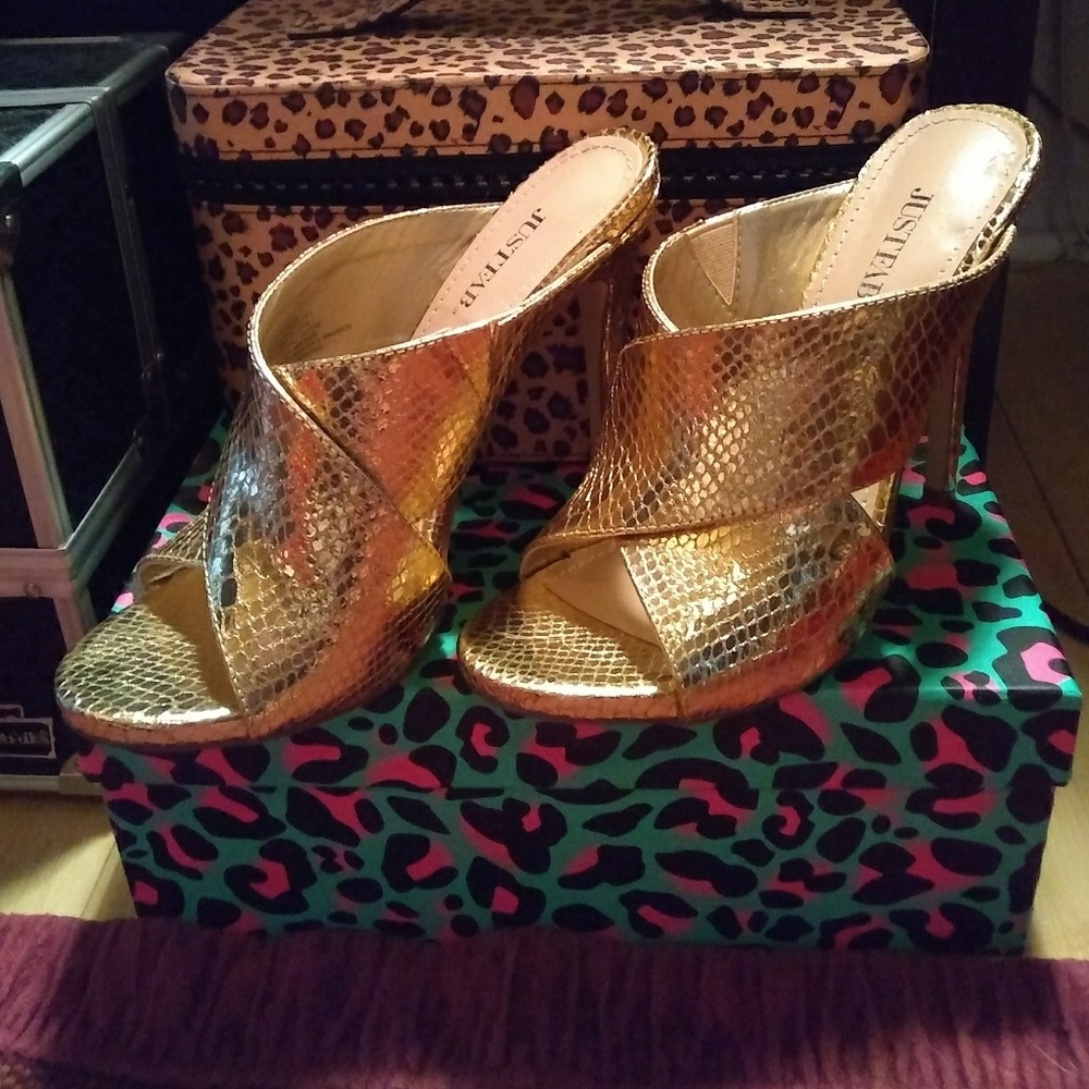 Gold metallic open toe heels, justfab BOGO 1/2 off